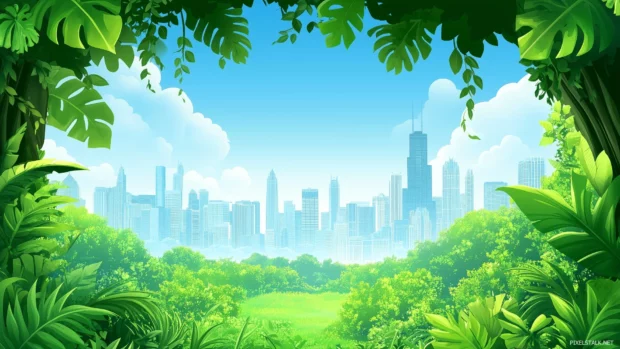 Summer vibrant Chicago skyline, lush greenery from Grant Park, clear blue sky above.