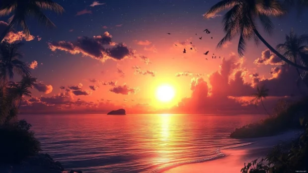 Sun peeking above the sea in a tranquil sunrise wallpaper over ocean.