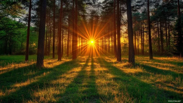 Sun rays bursting through dense trees in desktop Sunrise Wallpaper.