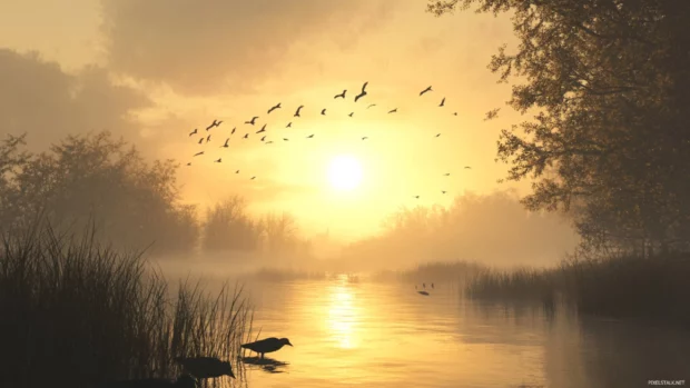 Sun rising over a misty riverbank with birds flying overhead.