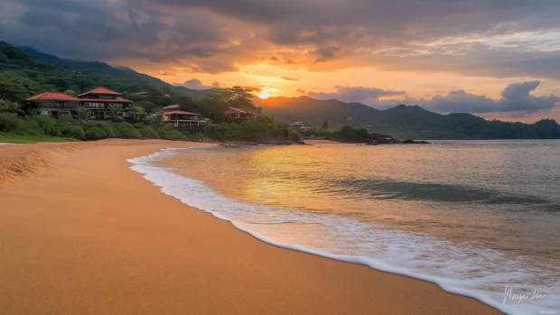Sun sets over serene beach with soft waves and sand.