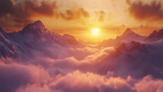 Sun touching snow capped peaks, crisp for desktop 4K morning sky.