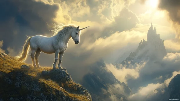 Sunbeams break through clouds over a unicorn on a high ridge.