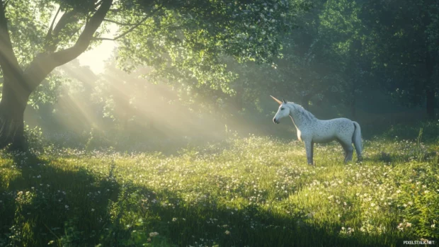 Sunbeams highlight the unicorn in a quiet grassy field.