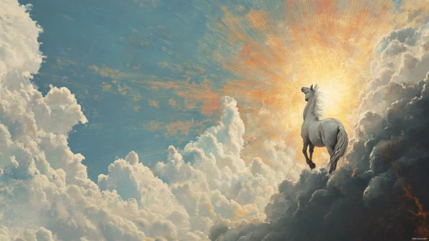 Sunbeams pierce clouds as the unicorn lifts its head in wonder.