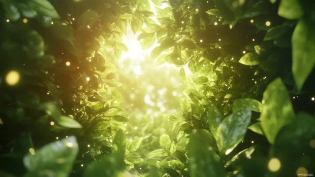 Sunlight filters softly through the lush green trees, creating a peaceful dappled light effect.