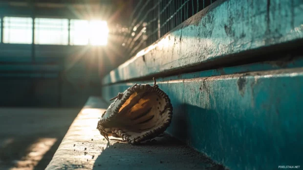 Sunlight hitting a baseball glove on the dugout bench.