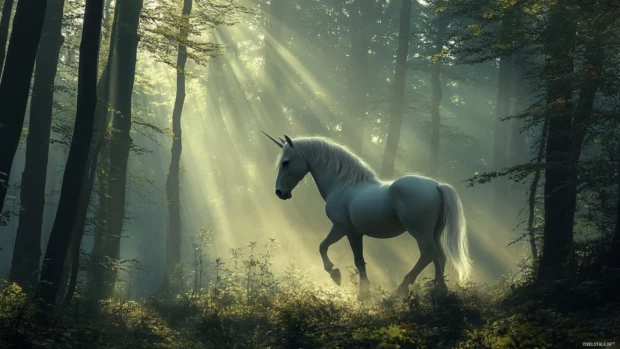 Sunlight pierces the mist as a unicorn walks quietly through the forest in this Unicorn Wallpaper screens.