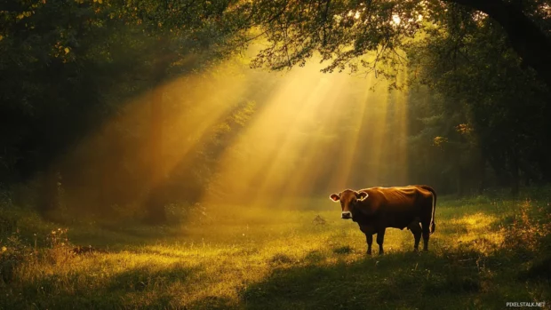 Sunlight pouring over a brown cow in peaceful farm cow desktop image.
