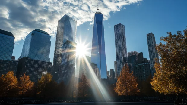 Sunlight reflects off the glass towers of New York City.