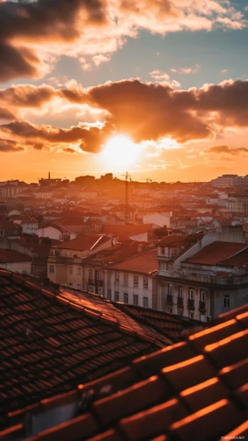 Sunlight scattered over distant rooftops in an Aesthetic Sunrise Wallpaper.