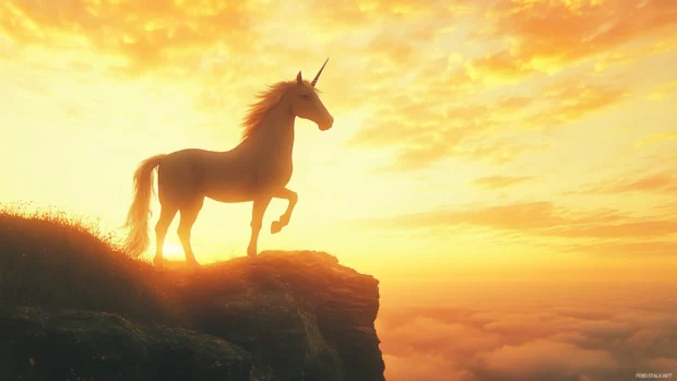 Sunlight silhouettes the unicorns elegant form as it stands on a cliff edge.