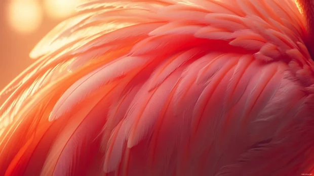 Sunlit flamingo feathers in a detailed HD wallpaper.