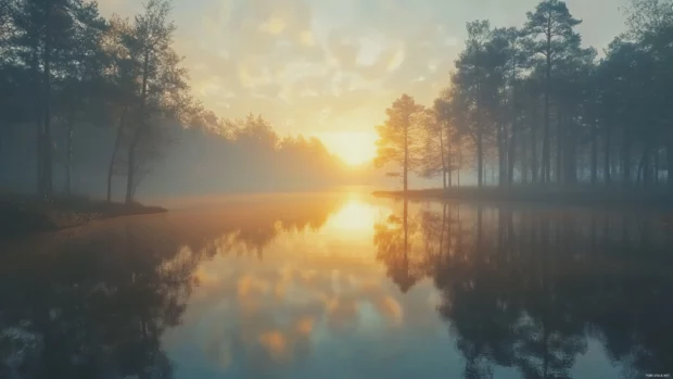 Sunrise 4K image showing serene lake and forest reflections.