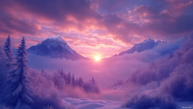 Sunrise Desktop Wallpaper with Clouds glowing above frosty landscapes and snowy peaks.