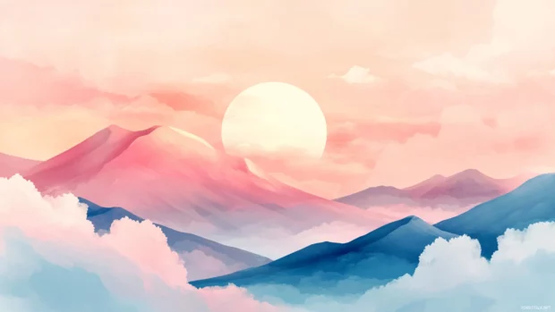 Sunrise Desktop Wallpaper with Clouds painted in soft pastel hues over rolling hills.