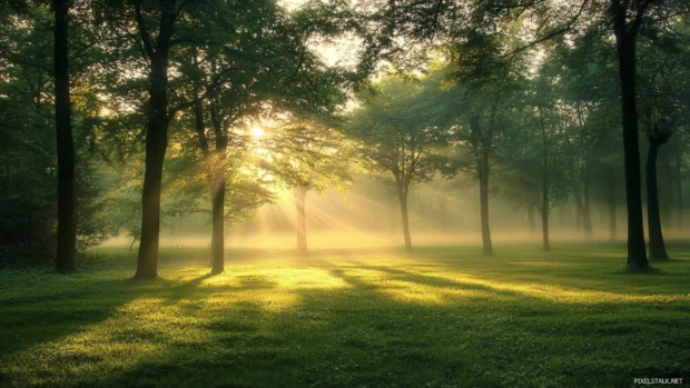 Sunrise Wallpaper for Desktop featuring misty forest bathed in early light.