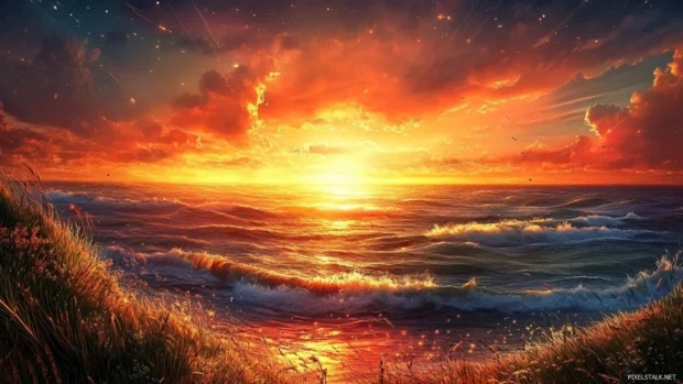 Sunrise Wallpaper for Desktop where tall grass waves under amber skies.