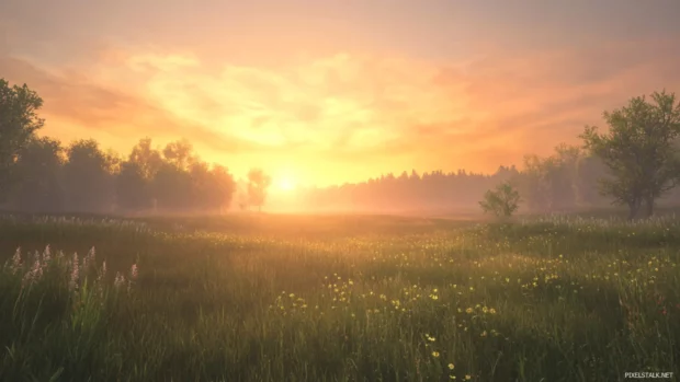 Sunrise Wallpaper for Macbook set in a tranquil meadow bathed in soft light.