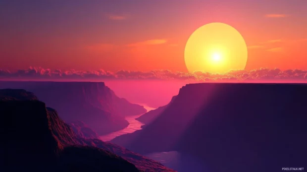 Sunrise Wallpaper for Macbook with radiant sun peeking above coastal cliffs.