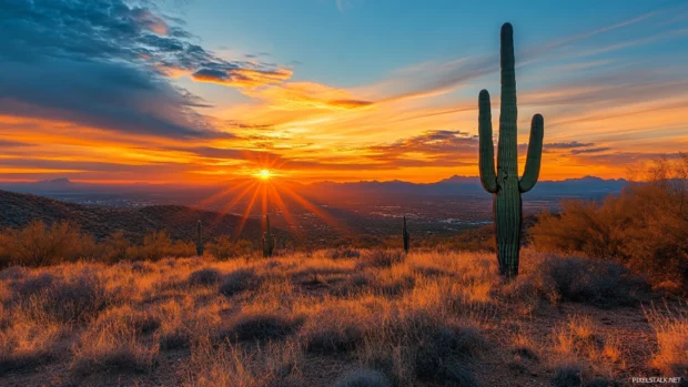 Sunrise Wallpaper in Desert showcasing orange skies and arid beauty.