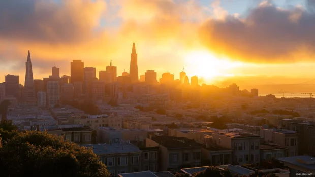 Sunrise Wallpaper with City Skyline glowing over the buildings in golden light.
