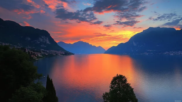 Sunrise Wallpaper with Lake view blending sky and water in harmony.