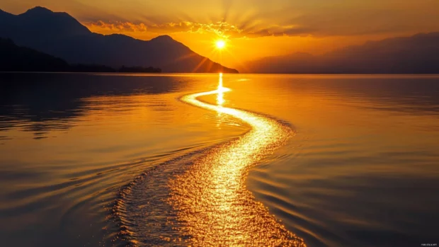 Sunrise Wallpaper with Lake view casting a golden trail across the water.