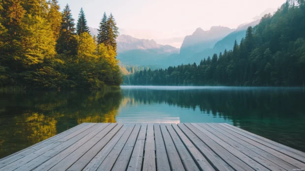 Sunrise Wallpaper with Lake view from a cozy wooden dock.