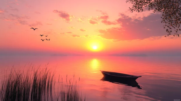 Sunrise Wallpaper with Lake view glowing over misty waters at dawn.