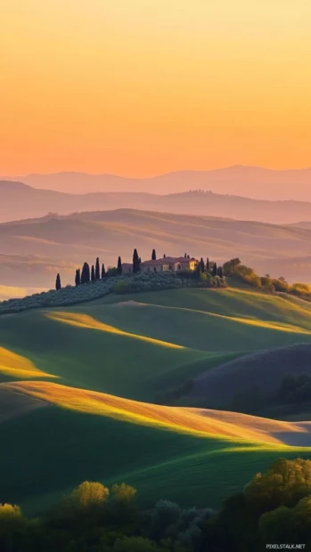 Sunrise Wallpapers for Android blending orange skies with rolling hills.