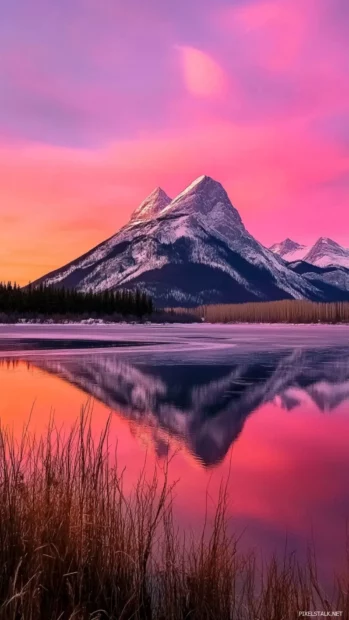 Sunrise Wallpapers for Android where mountains fade into pink and orange skies.
