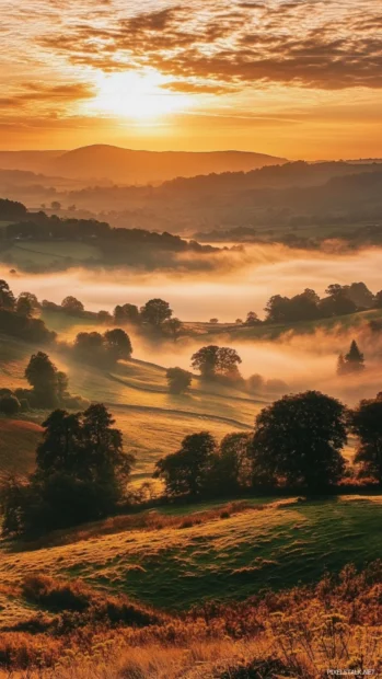Sunrise Wallpapers for Android with golden rays peeking over distant hills.