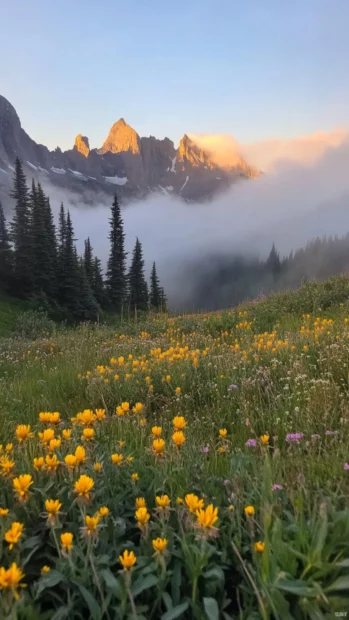 Sunrise behind foggy mountain peaks and wildflowers.