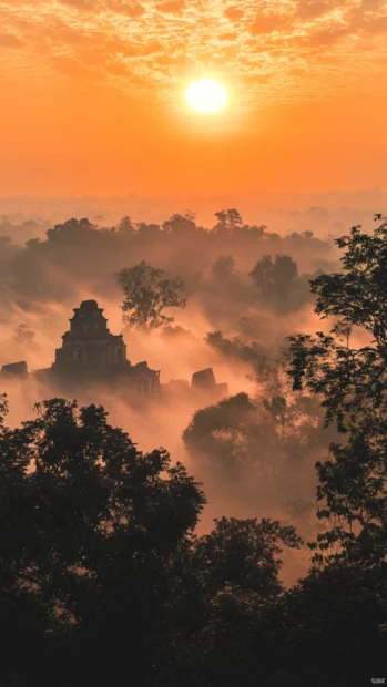 Sunrise between ancient ruins under soft mist.