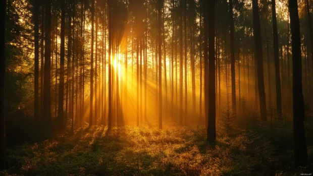 Sunrise beyond forest canopy in a beautiful sunrise desktop image.