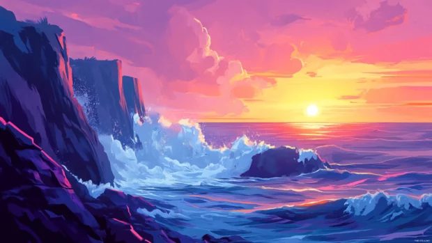 Sunrise brightens the cliffs above a crashing sea.
