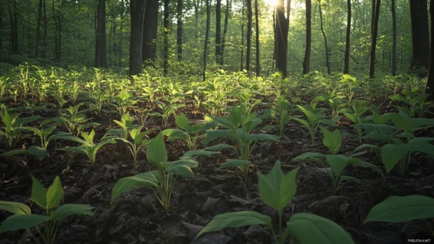 Sunrise brightens the forest floor with soft shadows.
