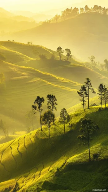 Sunrise brings a golden touch to peaceful countryside fields.