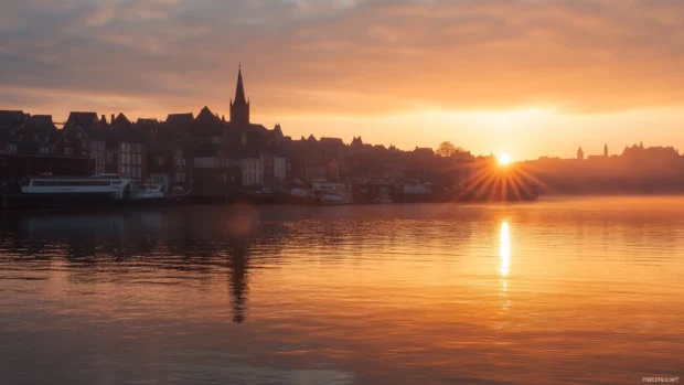 Sunrise brings a soft glow to the sleeping city.
