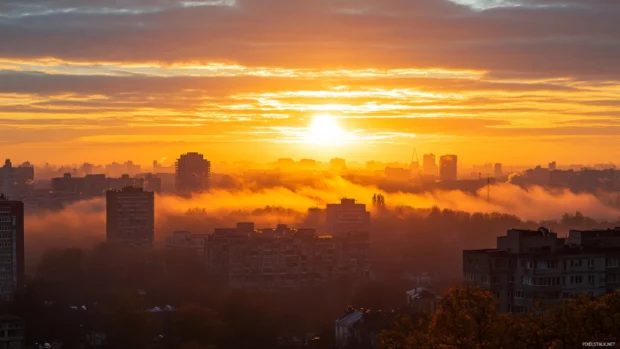 Sunrise captures a stunning contrast against steel and stone of the city.