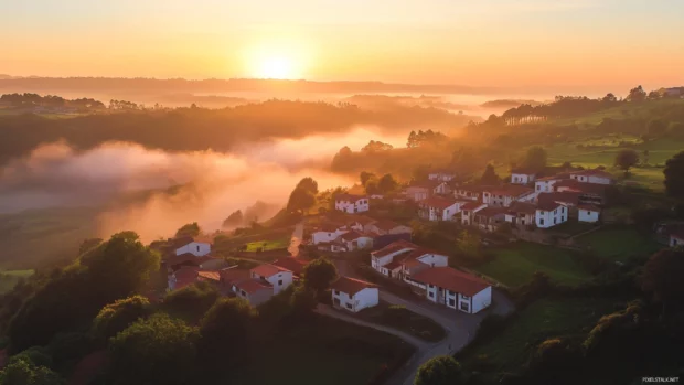 Sunrise cascading over a peaceful hillside village.