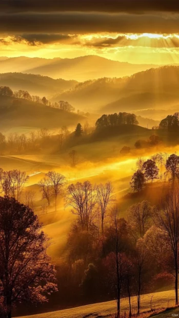 Sunrise casting golden rays across rolling hills.