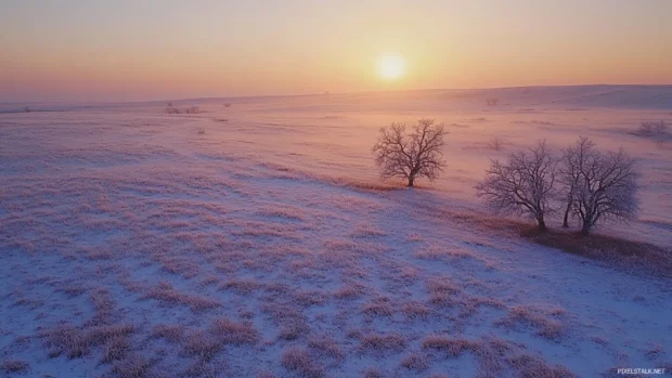 Sunrise casts warmth on the frost covered earth.