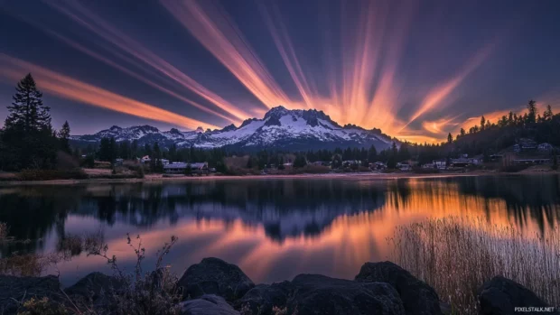 Sunrise creates luminous streaks across the mountain skyline.