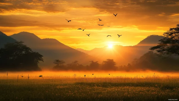 Sunrise fills the valley with golden light as birds awaken and begin to fly.