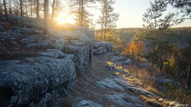 Sunrise gently warms the stone ledges of high mountain trails.