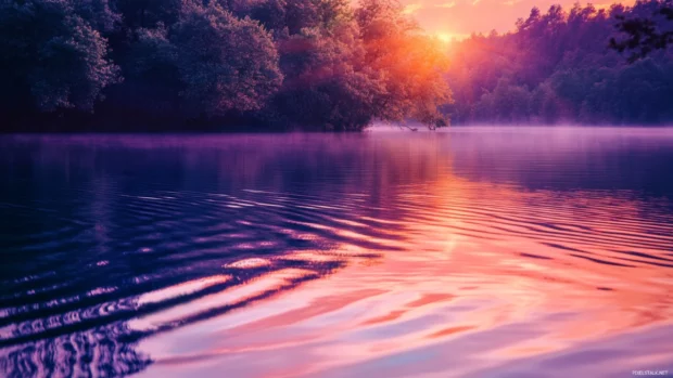Sunrise glimmers on gentle waves across a forest lined lake.