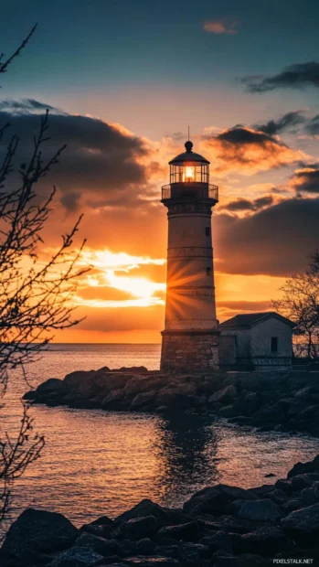 Sunrise glow behind an old lighthouse by the sea.