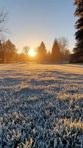 Sunrise glowing on frosted grass in winter.